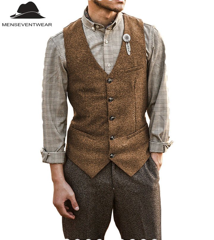 Vintage Classical Mens Slim Fit Tweed Herringbone V Neck Waistcoat mens event wear
