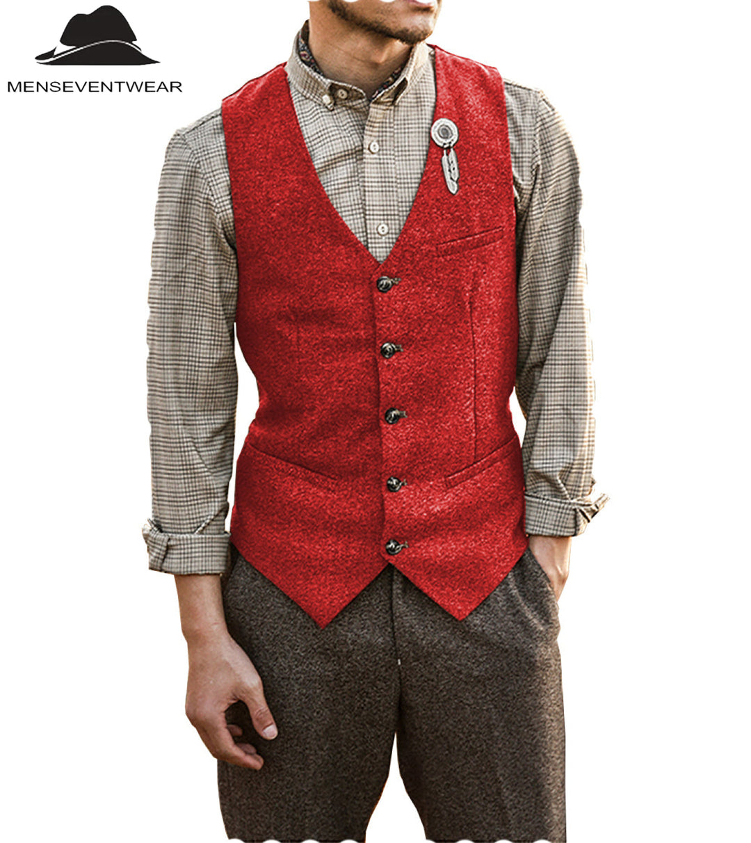 Vintage Classical Mens Slim Fit Tweed Herringbone V Neck Waistcoat mens event wear