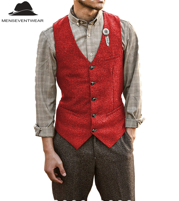 Vintage Classical Mens Slim Fit Tweed Herringbone V Neck Waistcoat mens event wear