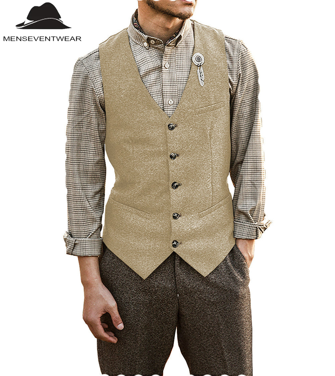 Vintage Classical Mens Slim Fit Tweed Herringbone V Neck Waistcoat mens event wear