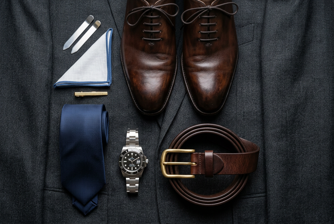 Gentlemen accessory flat lay featuring burnished calfskin Oxford shoes and matching leather dress belt