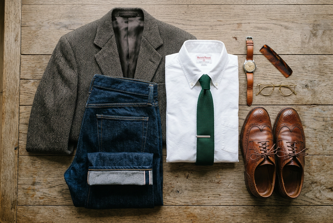 High-low menswear flat lay with textured tweed blazer, dark raw selvedge jeans, and tailored accessories