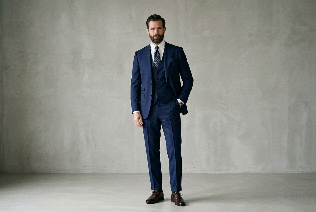 Tailored men's three-piece suit color guide showcasing navy and formal event tailoring