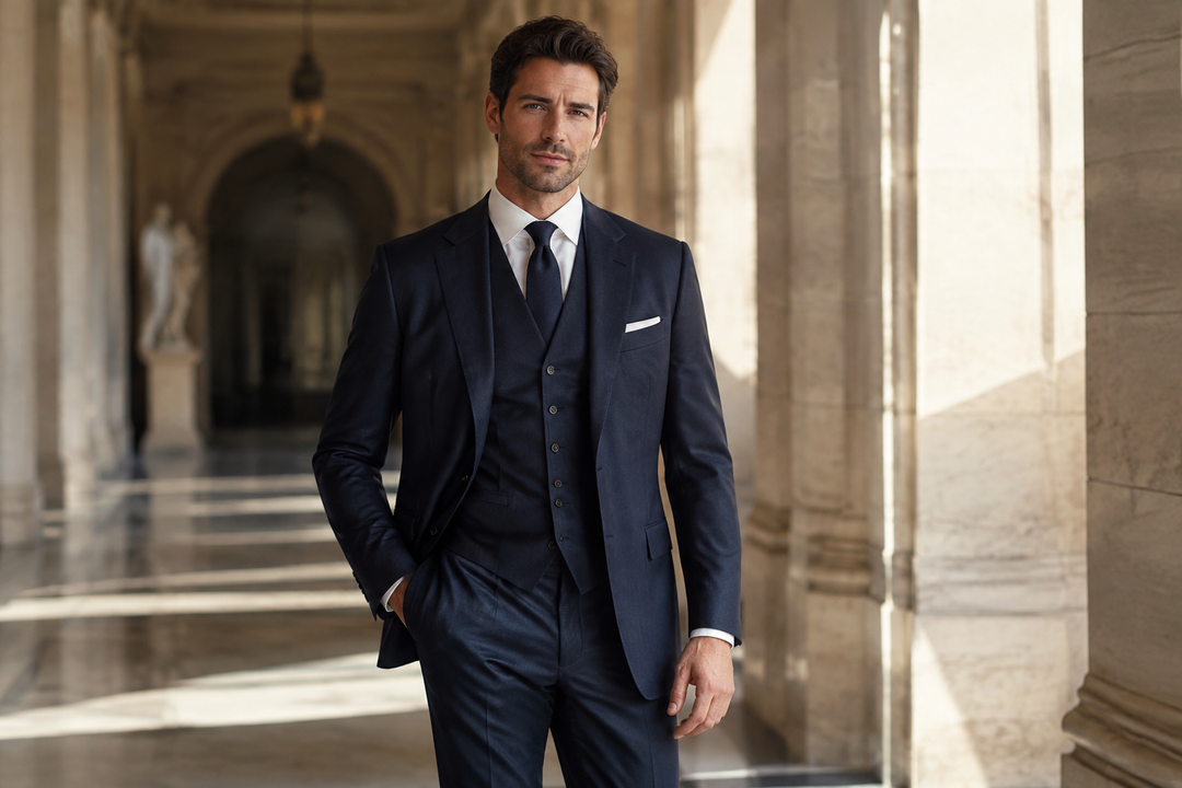 Elegant man in a tailored navy three-piece suit in a sunlit classical hallway