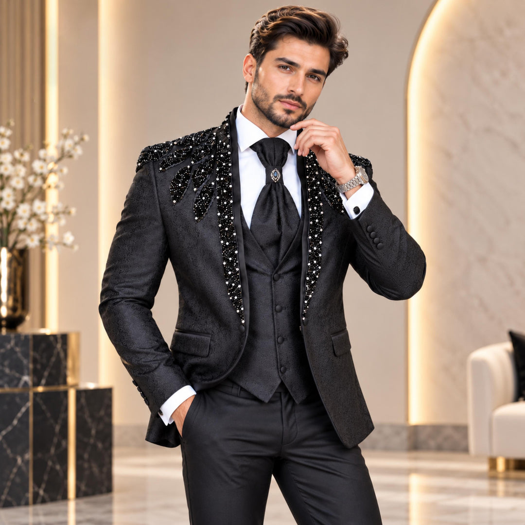 Luxury Black Mens Suit Shawl Lapel With Diamond 3 Pieces Suit