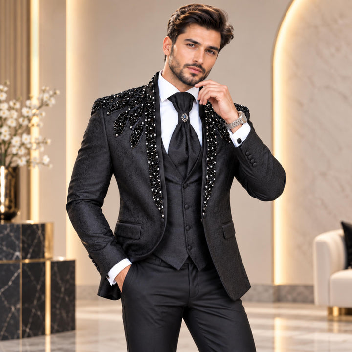 Luxury Black Mens Suit Shawl Lapel With Diamond 3 Pieces Suit