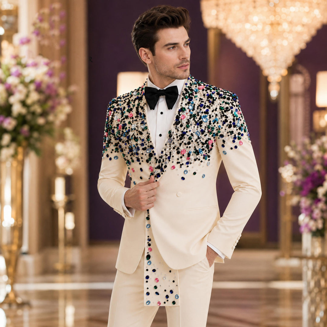 Luxury White Diamond 2 Pieces Double Breasted Men Suit With Peak Lapel For Prom