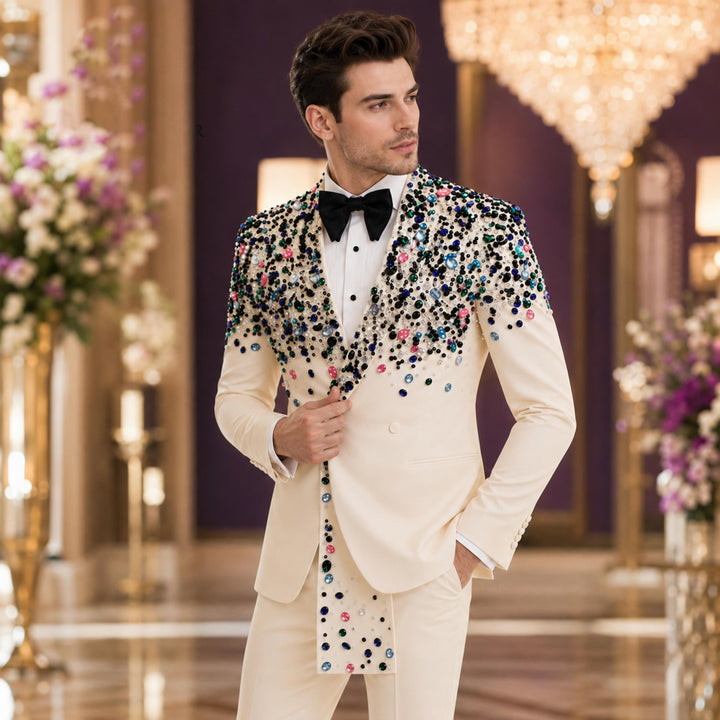Luxury White Diamond 2 Pieces Double Breasted Men Suit With Peak Lapel For Prom