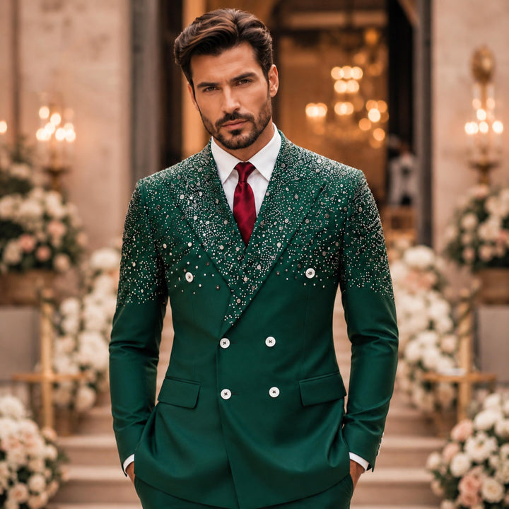 Fashion 2 Pieces Suit In Green Peaked Lapel Diamond For Prom