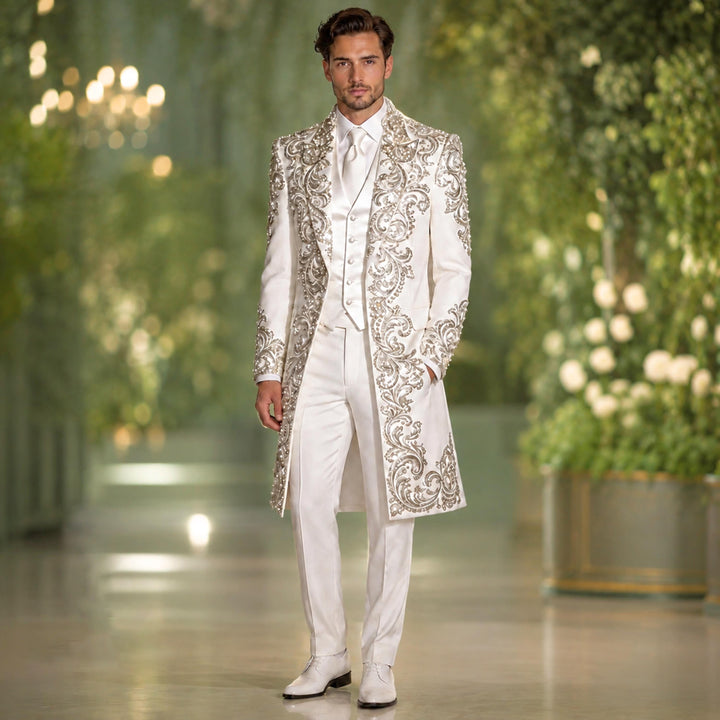 Luxury White Peak Lapel Embroidered Diamond 3 Pieces Men Suit For Wedding