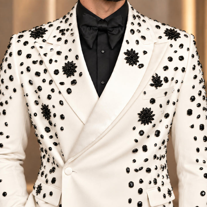 Luxury White Diamond 2 Pieces Double Breasted Men Suit With Peak Lapel For Prom