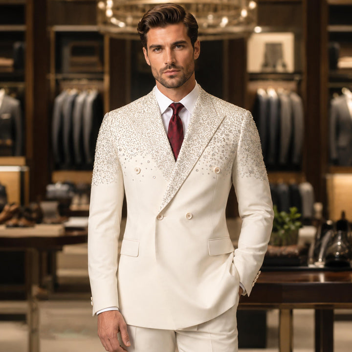 Luxury White Diamond 2 Pieces Double Breasted Men Suit With Peak Lapel For Prom