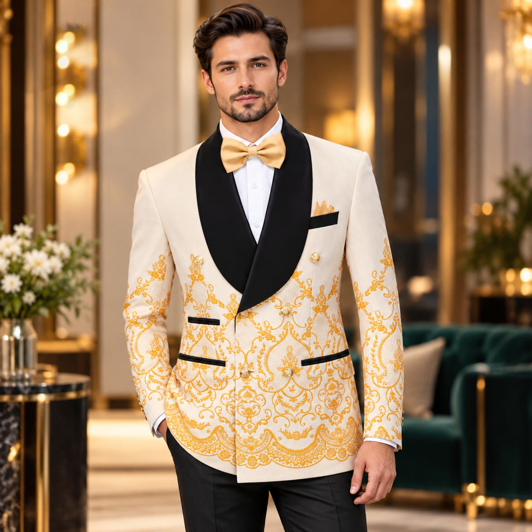 Luxury Champagne Shawl Lapel Embroidered 2 Pieces Men Suit For Wedding