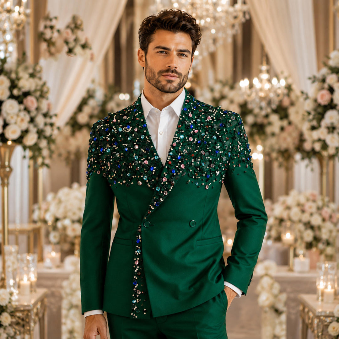 Luxury Hunt Green Diamond 2 Pieces Double Breasted Men Suit With Peak Lapel For Prom