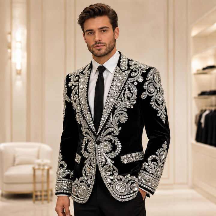 Fashion Black And Diamond Peak Lapel 2 Pieces Men Suit