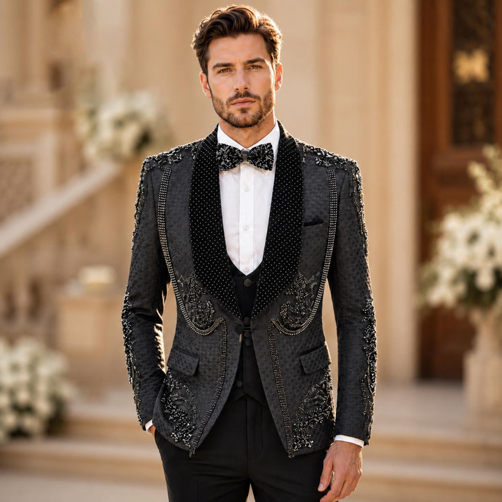 Luxury Black With Shawl Lapel Diamond 3 Pieces Men Suit