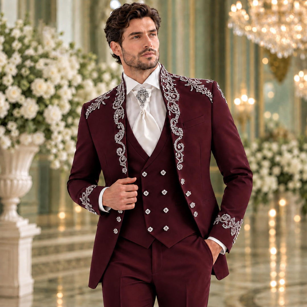 Luxury Mens Suit Shawl Lapel With Diamond 3 Pieces Suit
