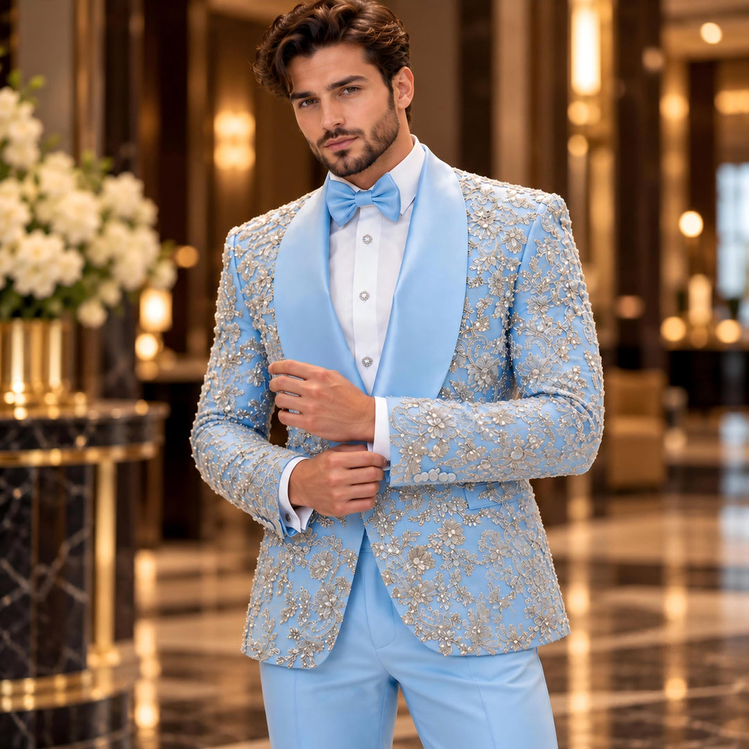 Luxury Light Blue Shawl Lapel Embroidered Diamond 2 Pieces Men Suit For Wedding