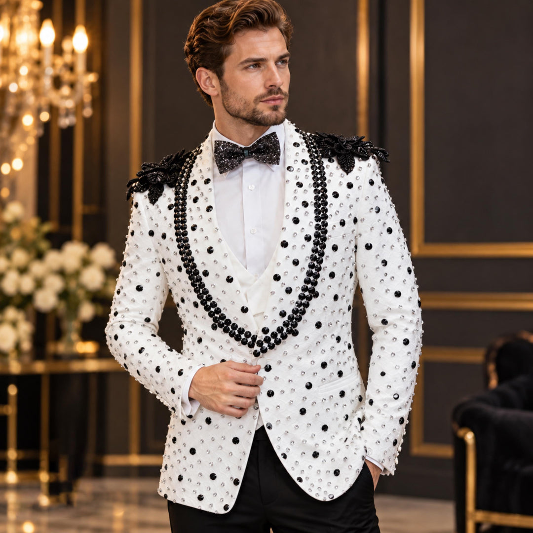 Luxury White Shawl Lapel Embroidered Diamond 2 Pieces Men Suit For Wedding