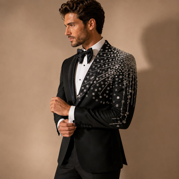 Fashion Black And Diamond Peak Lapel 2 Pieces Men Suit