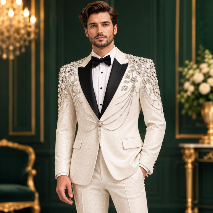 Fashion White And Diamond Peak Lapel 2 Pieces Men Suit