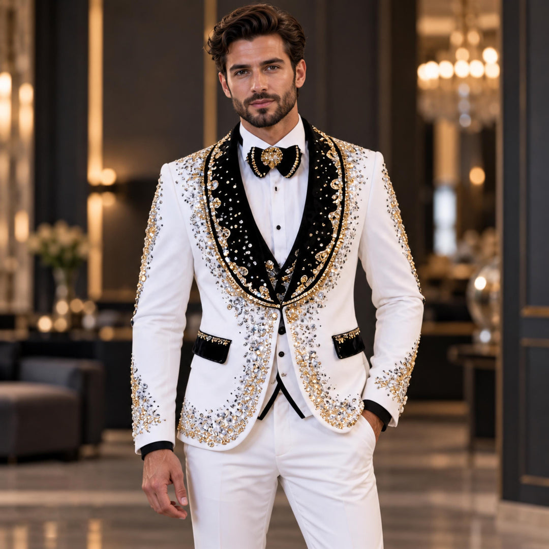 Fashion White And Black With Bling Diamond 2 Pieces Suit For Party
