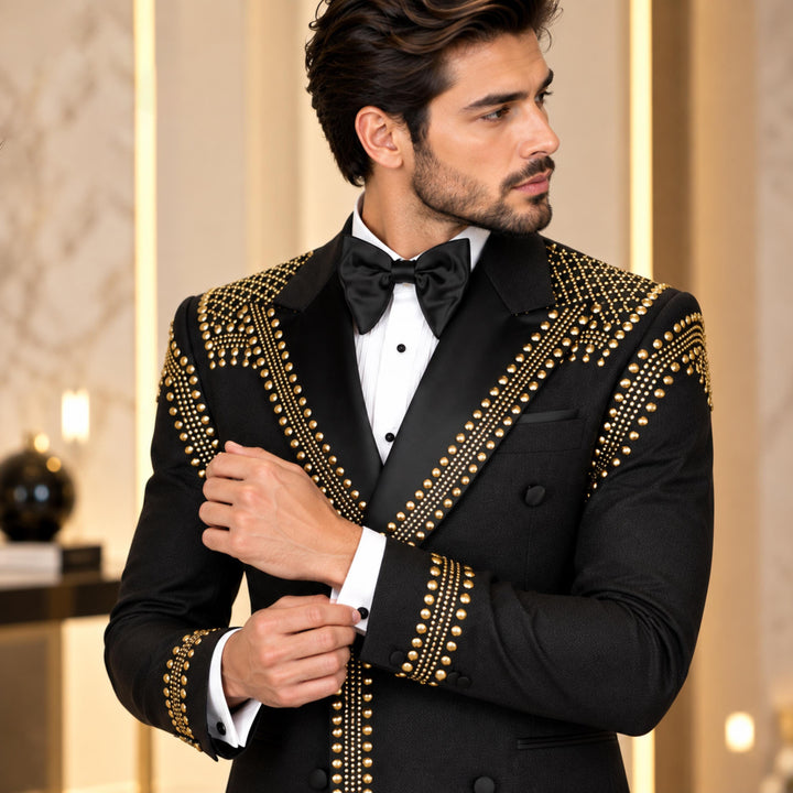 Luxury Black Diamond 2 Pieces Double Breasted Men Suit With Peak Lapel For Prom