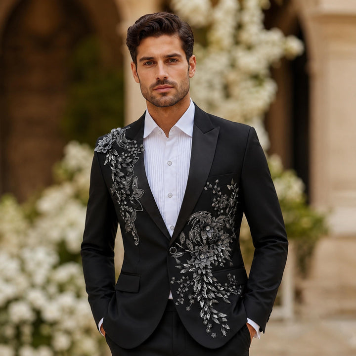 Fashion Black And Diamond Peak Lapel 2 Pieces Men Suit
