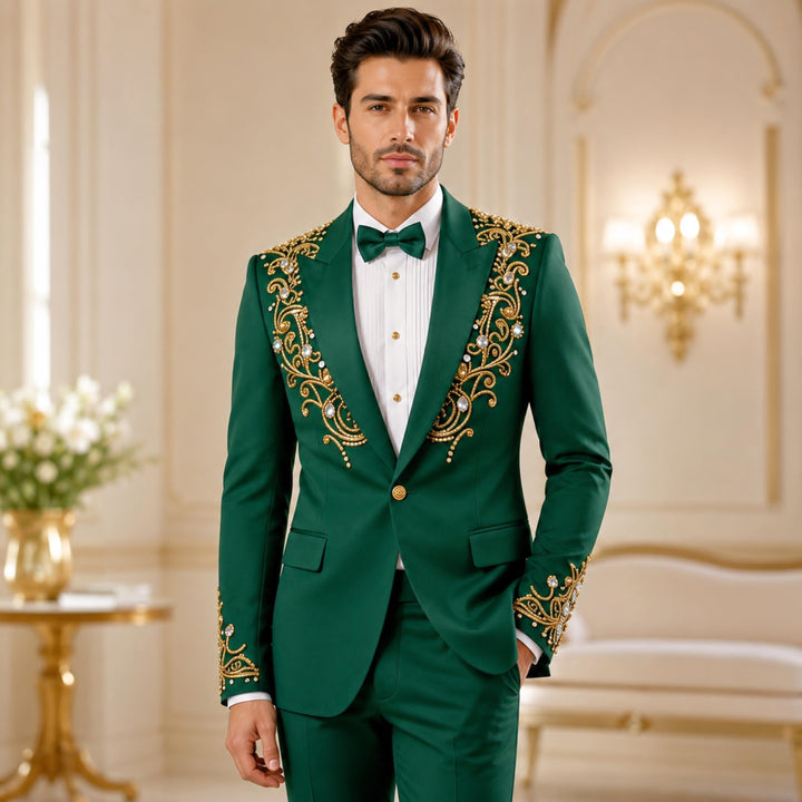 Fashion Green And Diamond Peak Lapel 2 Pieces Men Suit