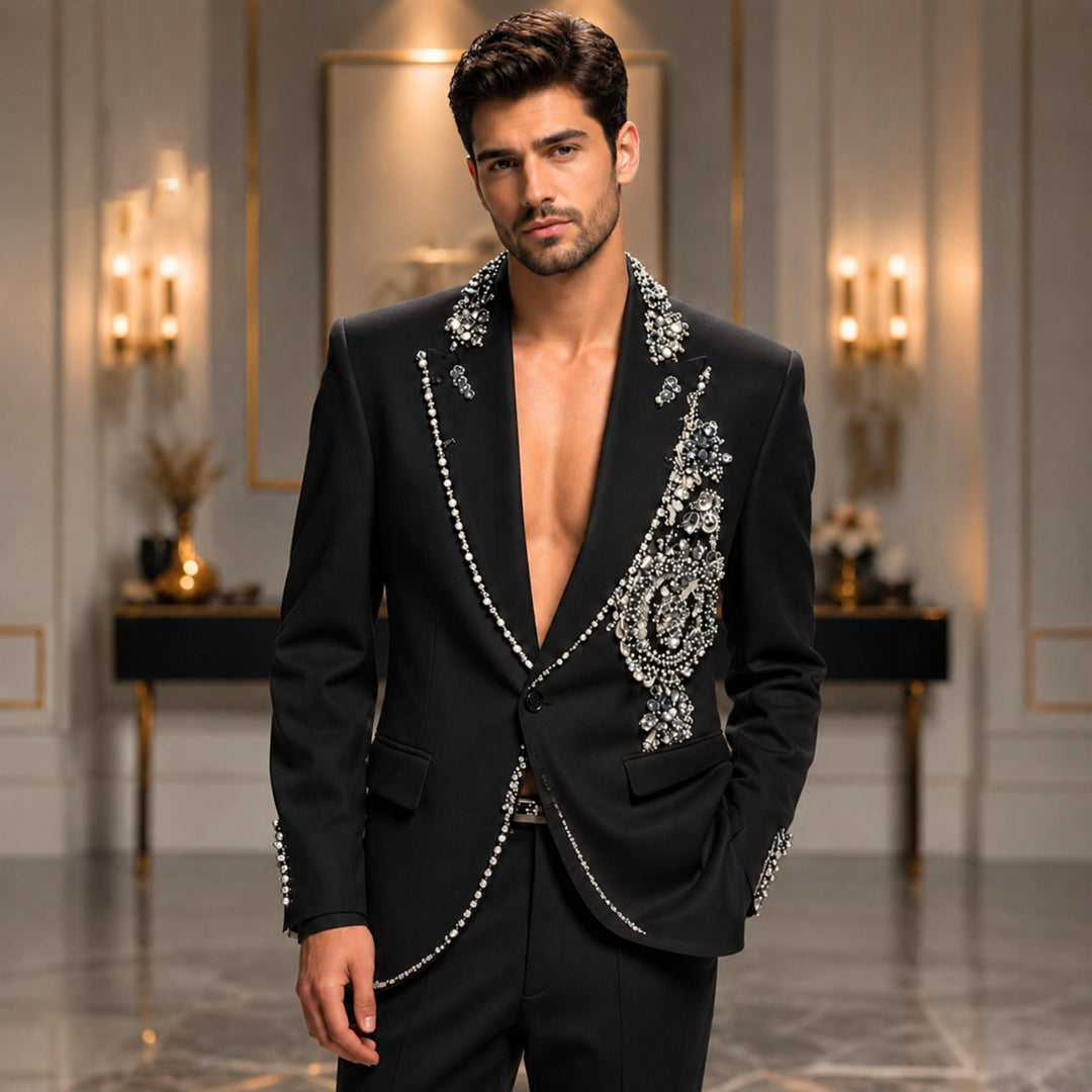 Fashion Black And Diamond Peak Lapel 2 Pieces Men Suit