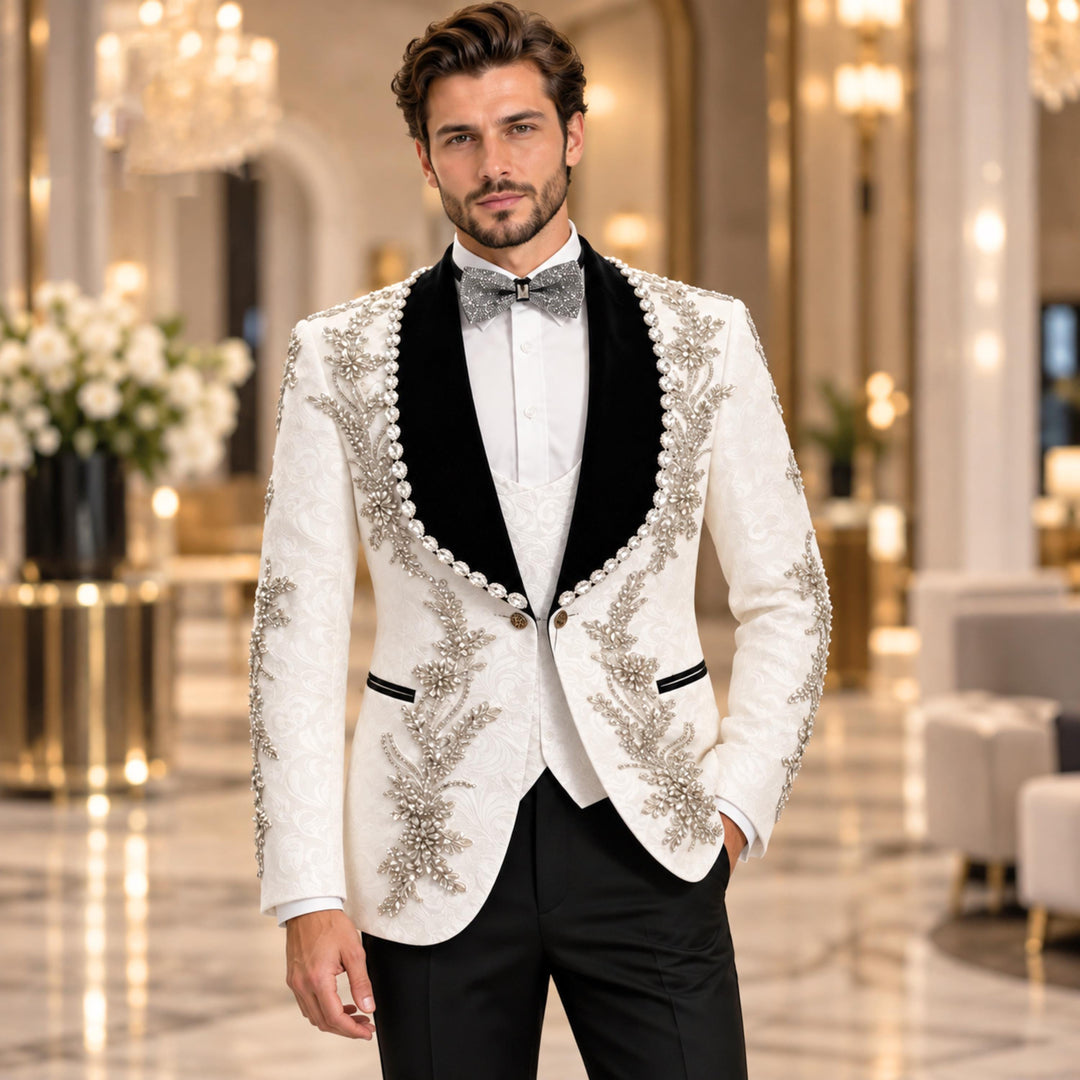 Luxury White With Black Shawl Lapel Diamond 3 Pieces Men Suit