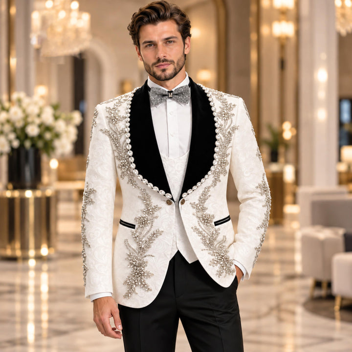 Luxury White With Black Shawl Lapel Diamond 3 Pieces Men Suit