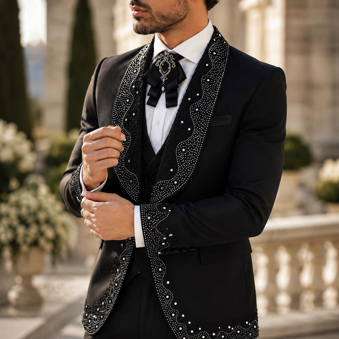 Luxury Black With Shawl Lapel Diamond 3 Pieces Men Suit