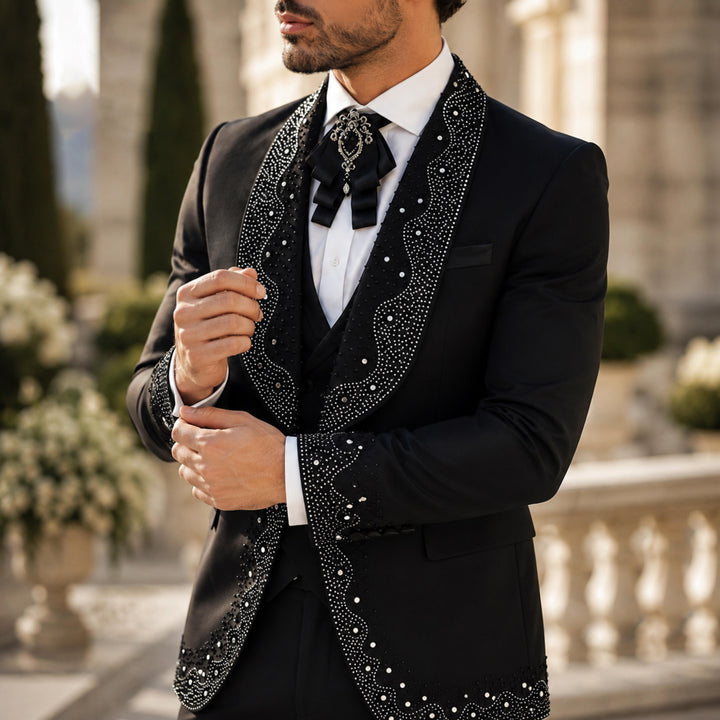 Luxury Black With Shawl Lapel Diamond 3 Pieces Men Suit