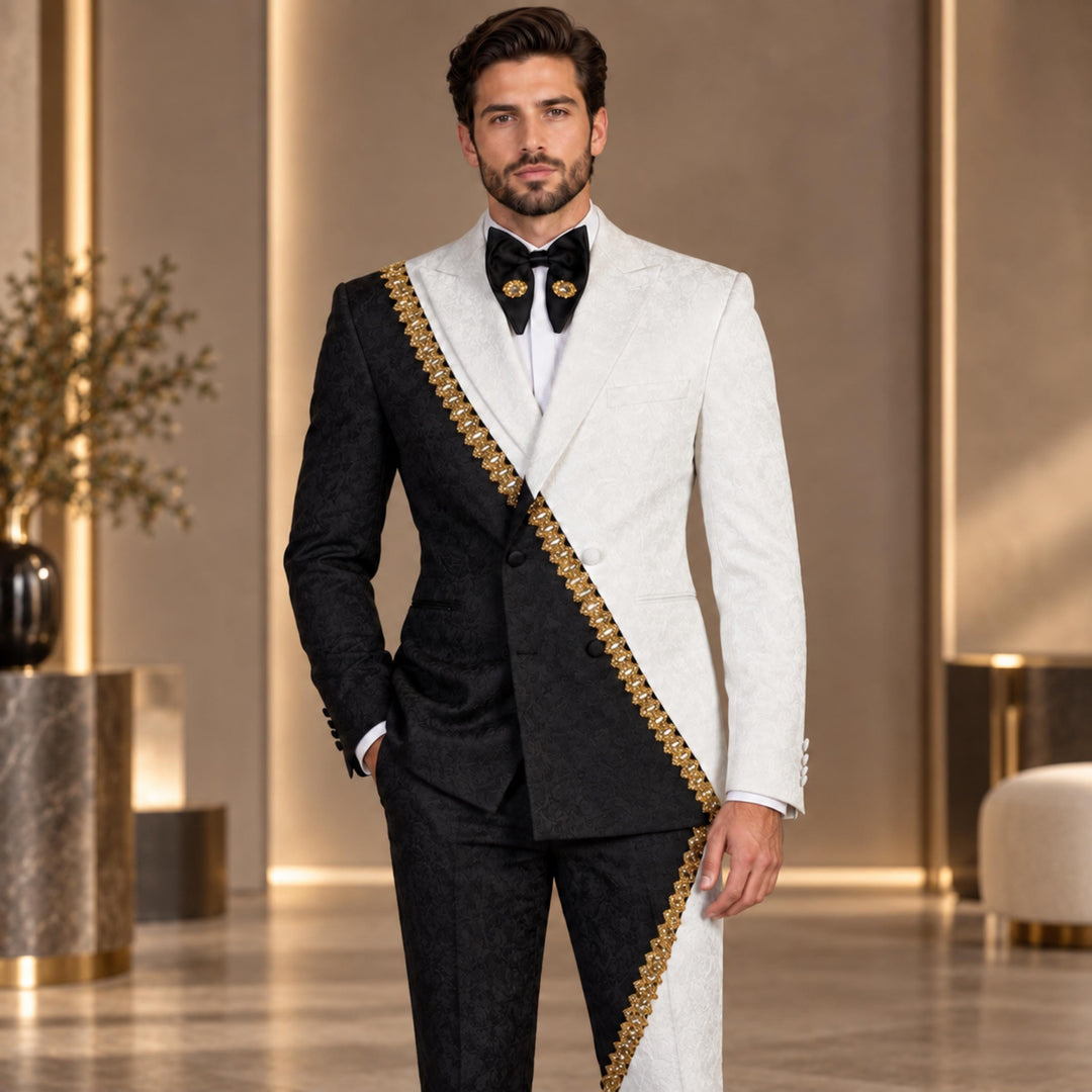 Fashion White And Black Peak Lapel Embroidered Diamond 2 Pieces Suit For Party