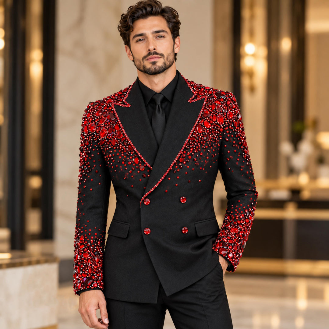 Fashion Black And Red Diamond 2 Pieces Double Breasted Men Suit With Peak Lapel For Prom