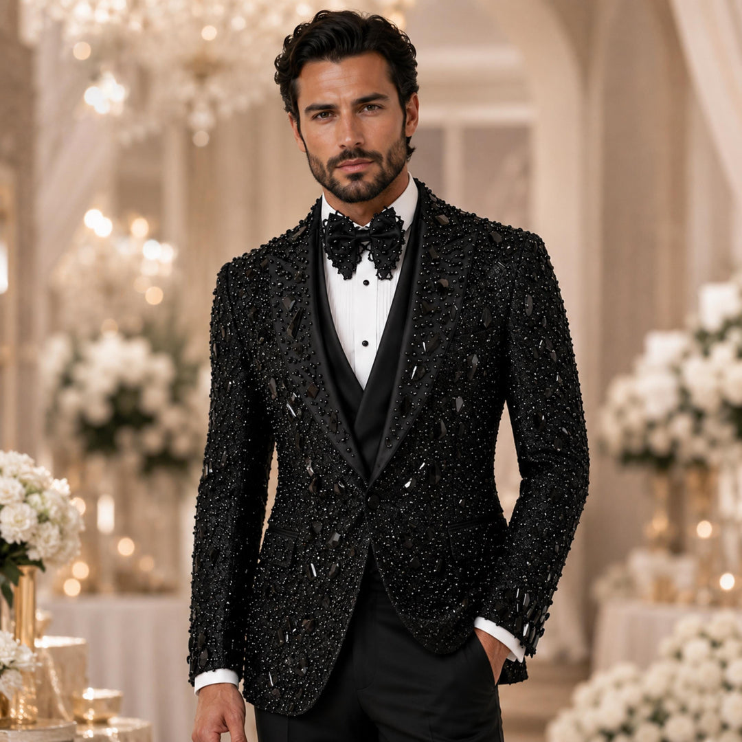 Luxury Black Peak Lapel Embroidered 3 Pieces Mens Suit