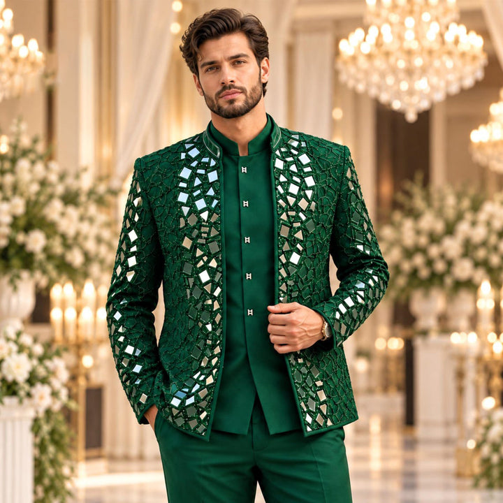 Luxury Mens Stand Collar Mirror-finish Diamond 3 Pieces Suit