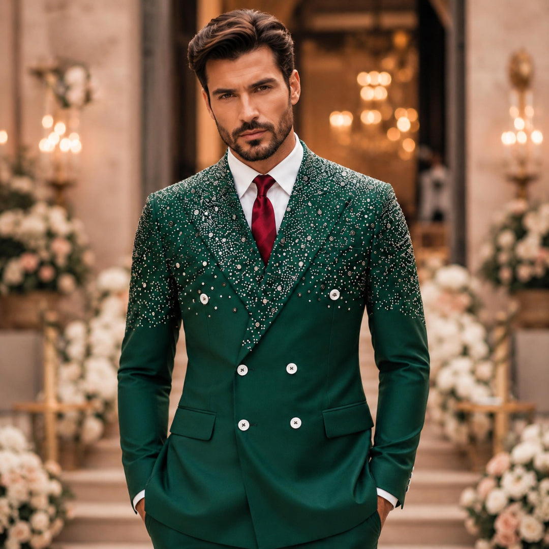 Luxury Hunt Green Diamond 2 Pieces Double Breasted Men Suit With Peak Lapel For Prom