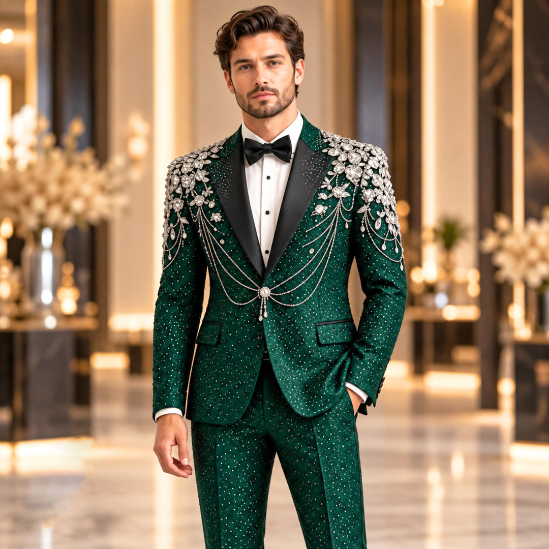 Fashion Emerald And Diamond Peak Lapel 2 Pieces Men Suit