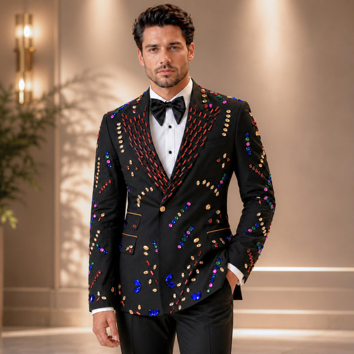Fashion Black And Colored Diamond Peak Lapel 2 Pieces Men Suit