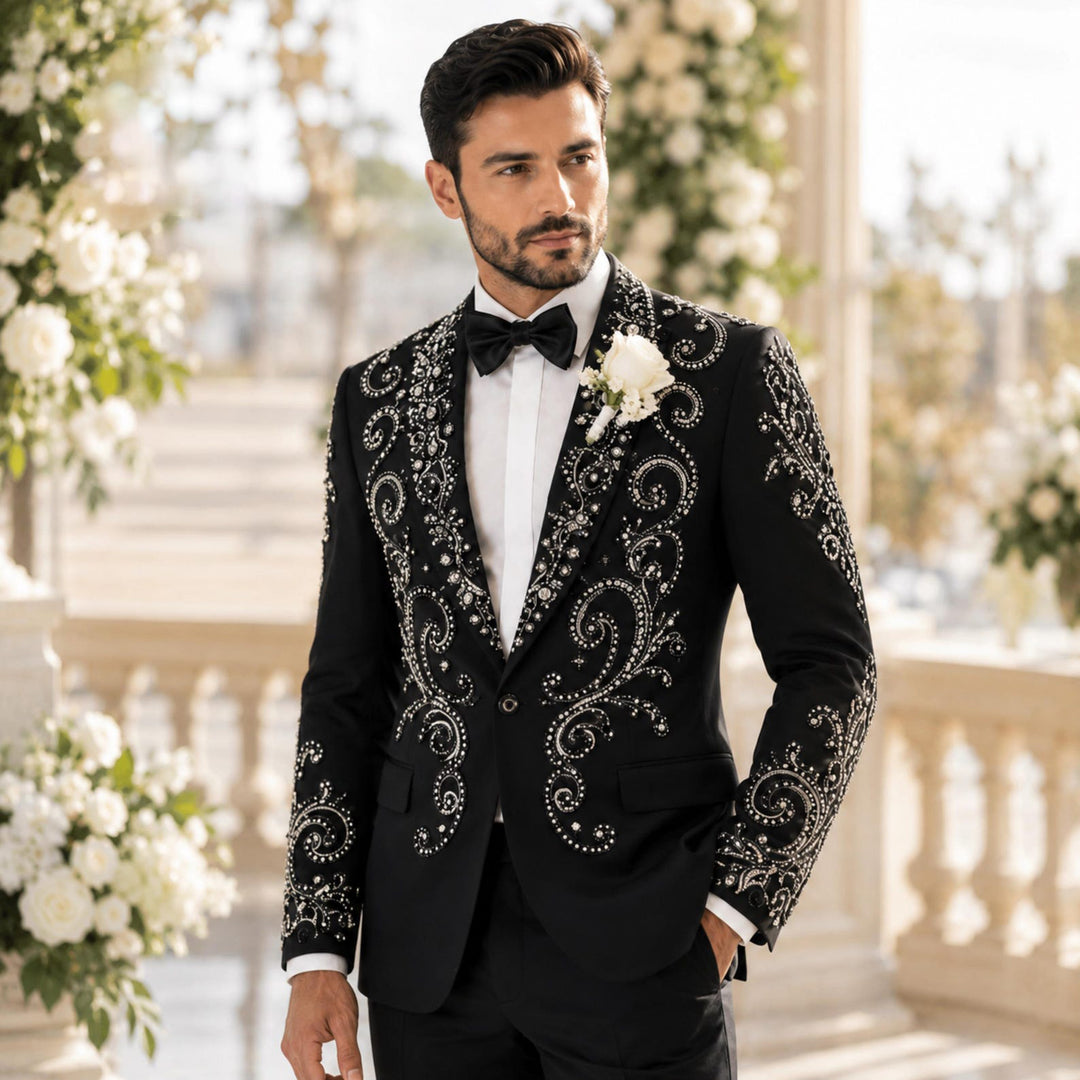 Fashion Black And Diamond Shawl Lapel 2 Pieces Men Suit