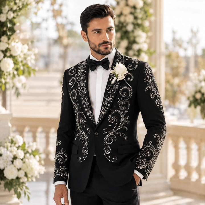 Fashion Black And Diamond Shawl Lapel 2 Pieces Men Suit