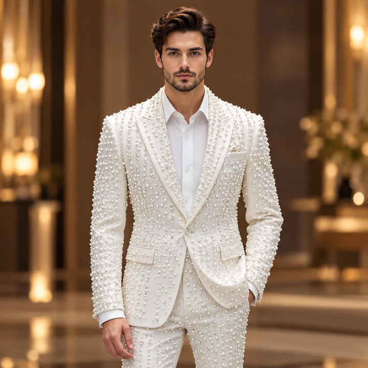Fashion White And Diamond Peak Lapel 2 Pieces Men Suit