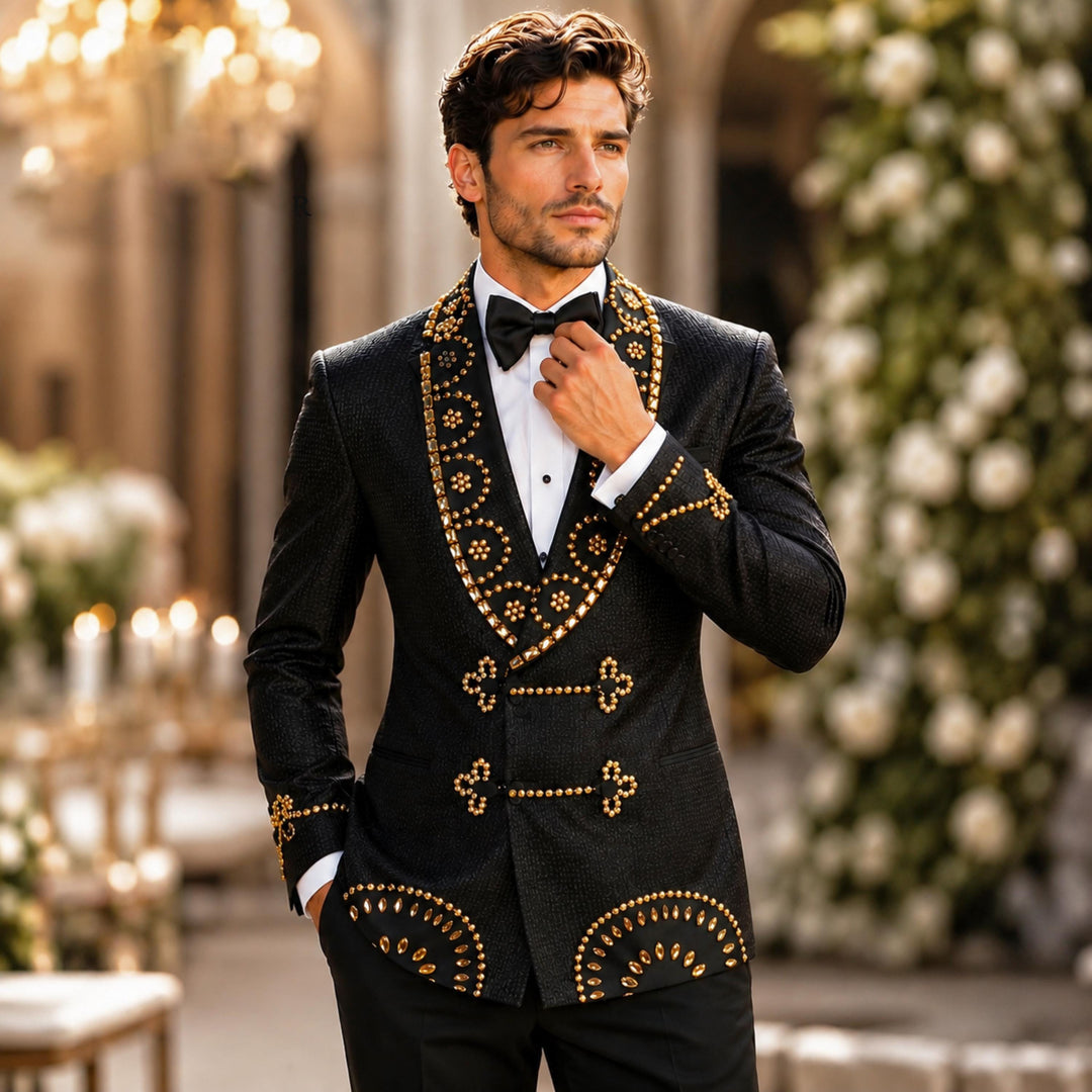 Luxury Black Diamond 2 Pieces Double Breasted Men Suit With Shawl Lapel For Prom