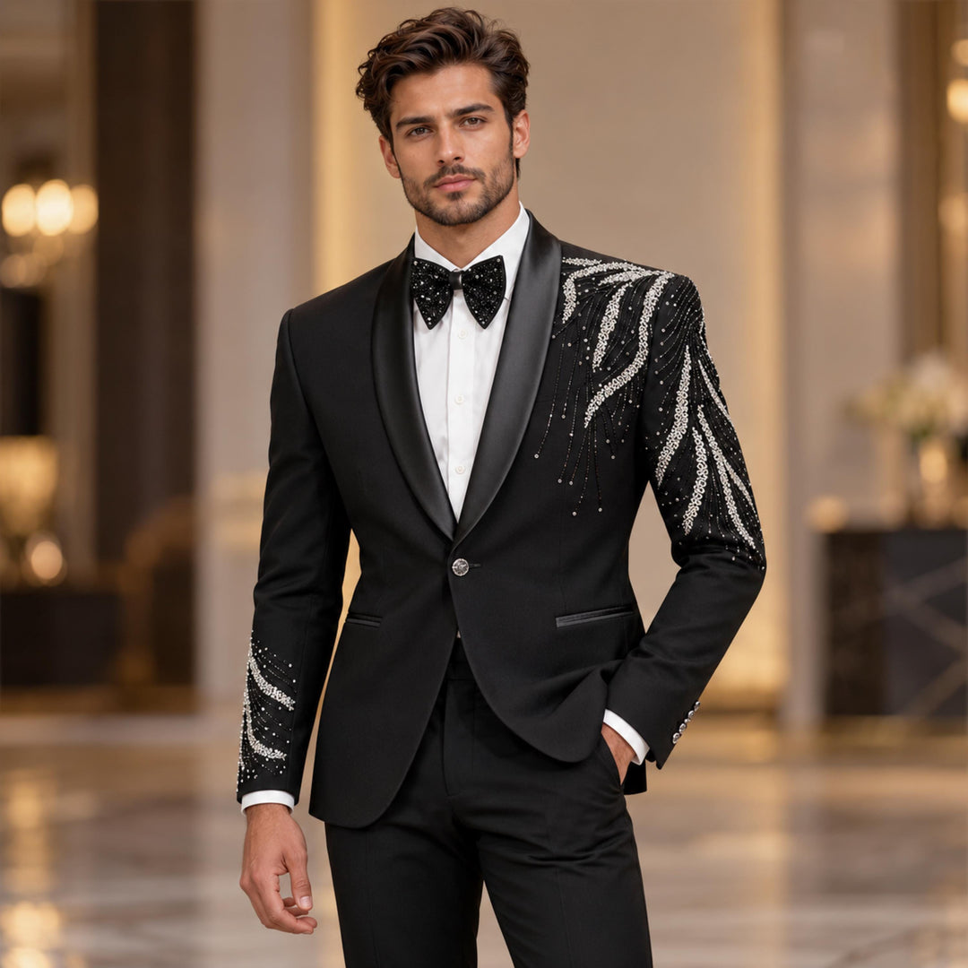 Luxury Black Shawl Lapel Diamond 2 Pieces Men Suit For Prom