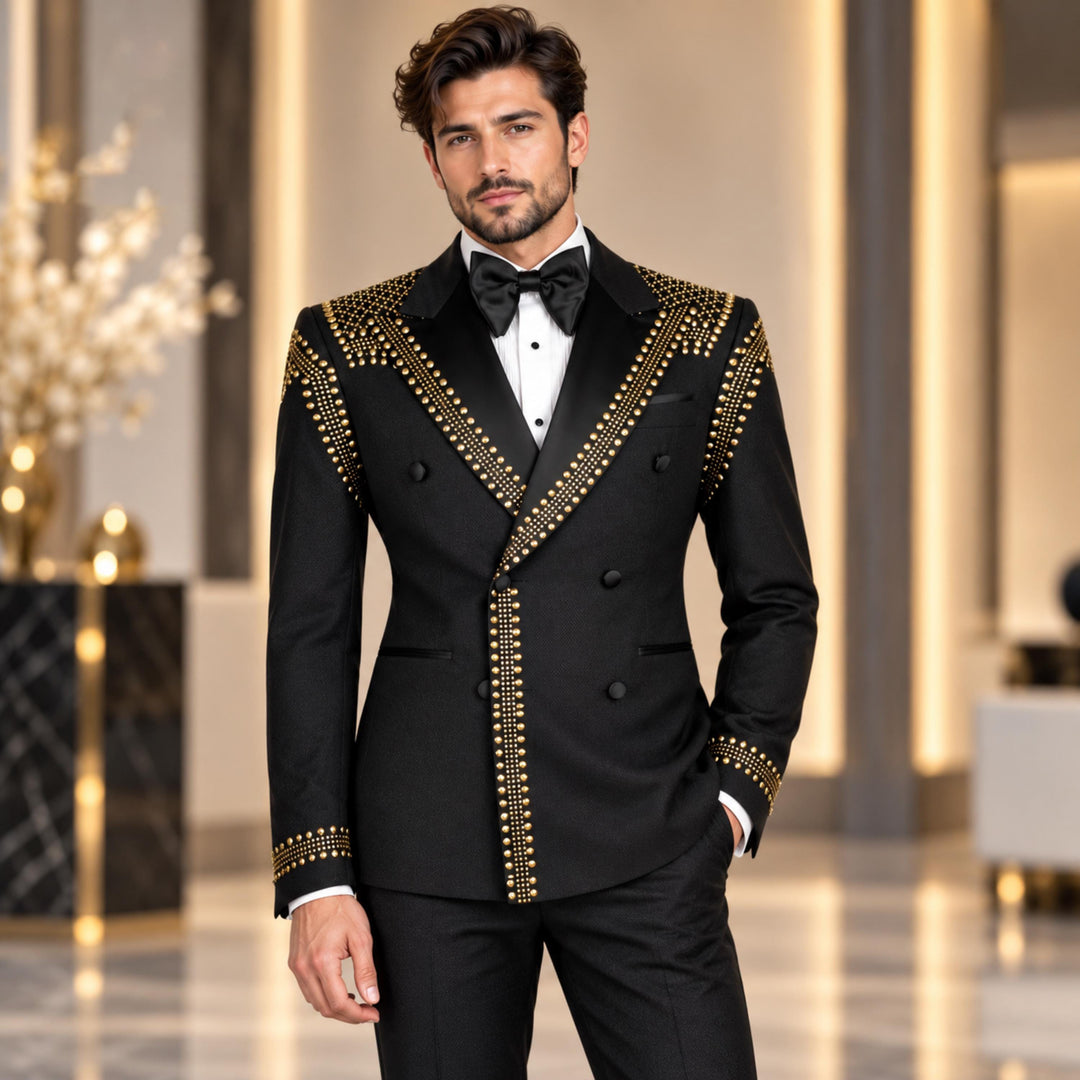 Luxury Black Diamond 2 Pieces Double Breasted Men Suit With Peak Lapel For Prom