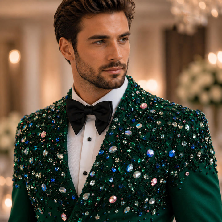 Luxury Hunt Green Diamond 2 Pieces Double Breasted Men Suit With Peak Lapel For Prom