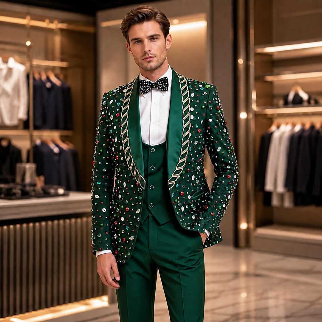 Luxury Black With Shawl Lapel Colored Diamond 3 Pieces Men Suit