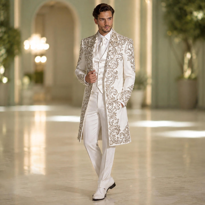 Luxury White Peak Lapel Embroidered Diamond 3 Pieces Men Suit For Wedding